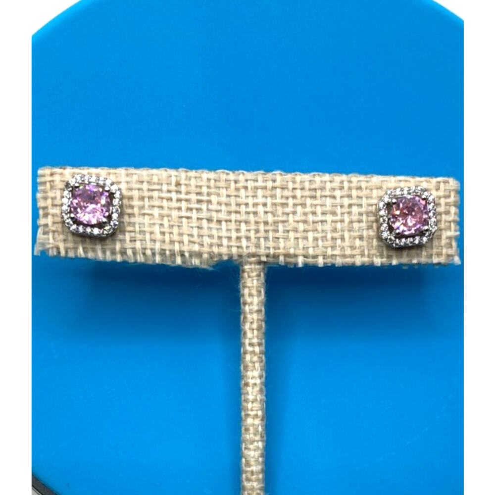 Pink Square Halo Stud Earrings Made with SWAROVSKI Elements Silver Overlay
